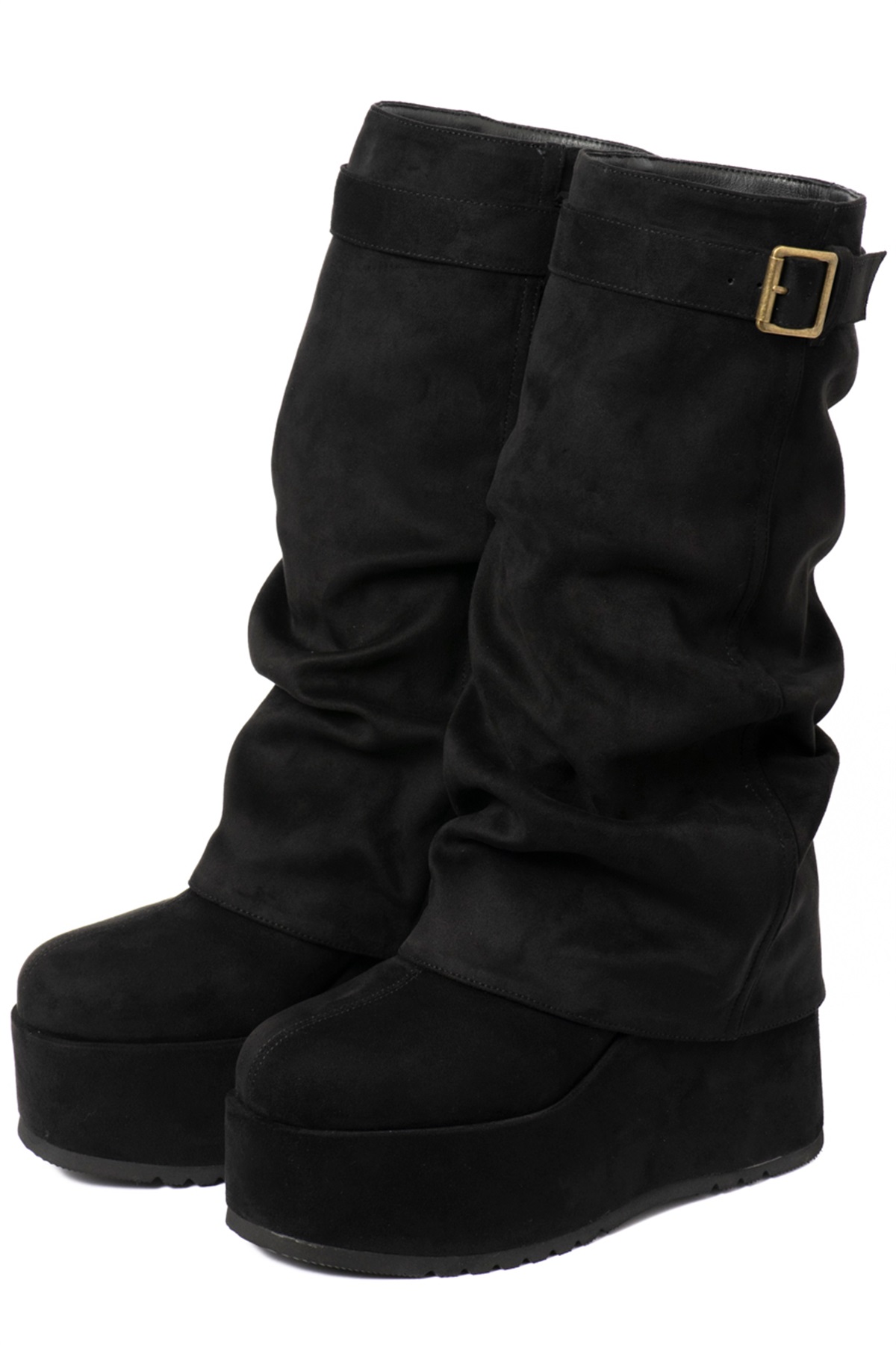 R&E ＜カバー取り外し可能！＞厚底ウェッジソールベルトカバーブーツ(ブラックスエード-S)