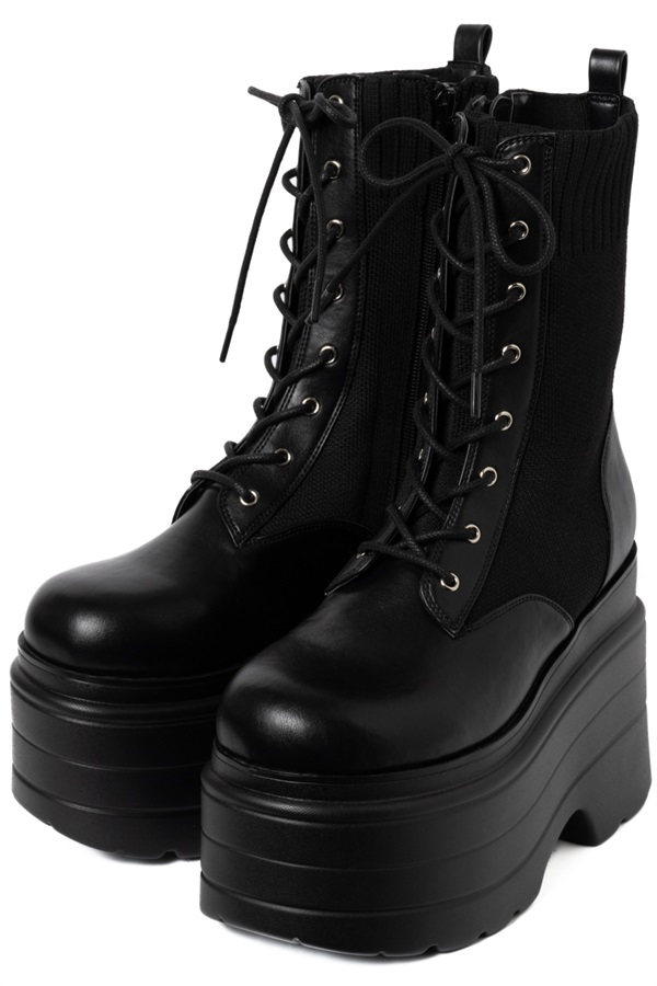 R&E ボリュームソールソックスレースアップミドルブーツ(ブラック-S)