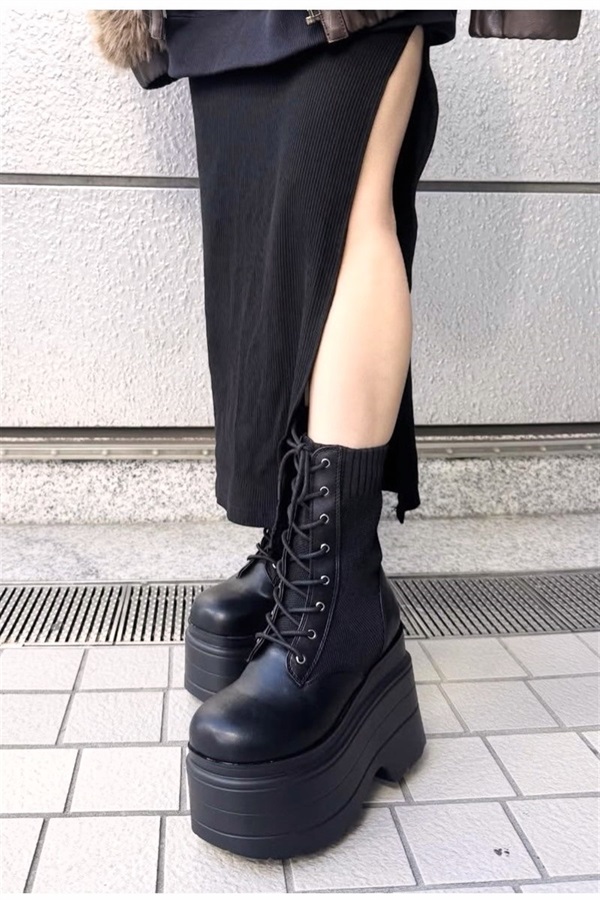 R&E ボリュームソールソックスレースアップミドルブーツ