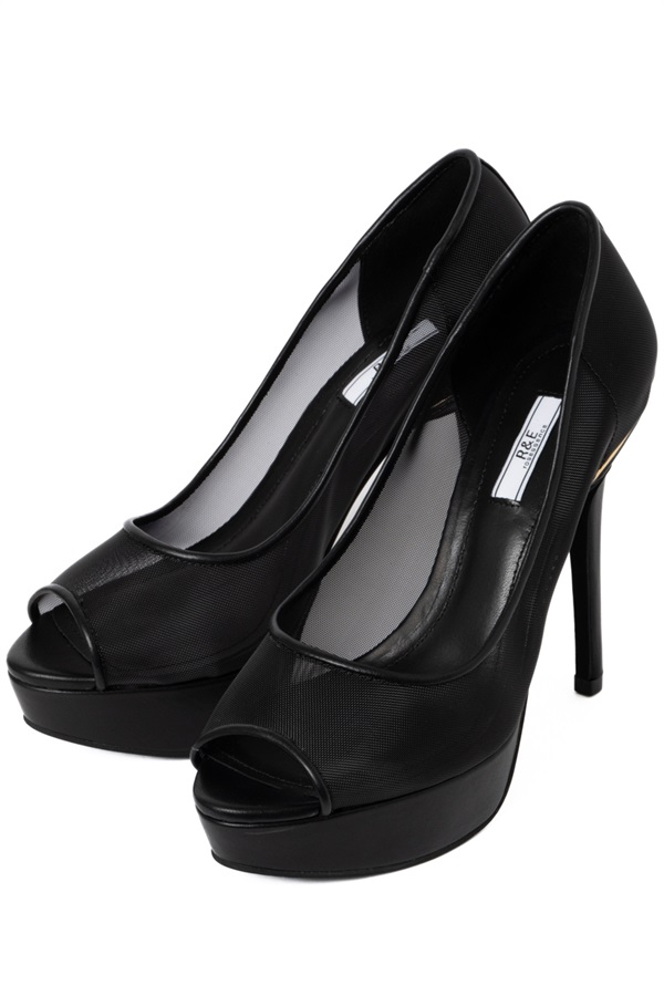 R&E チュールオープントゥハイヒールパンプス(ブラック-22)
