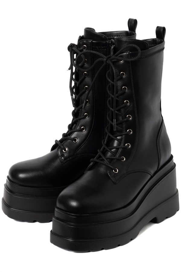 R&E トリプルソール厚底レースアップミドルブーツ(ブラック-S)