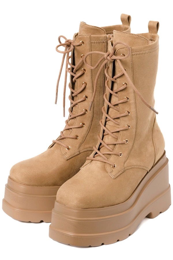 R&E トリプルソール厚底レースアップミドルブーツ(キャメルスエード-S)