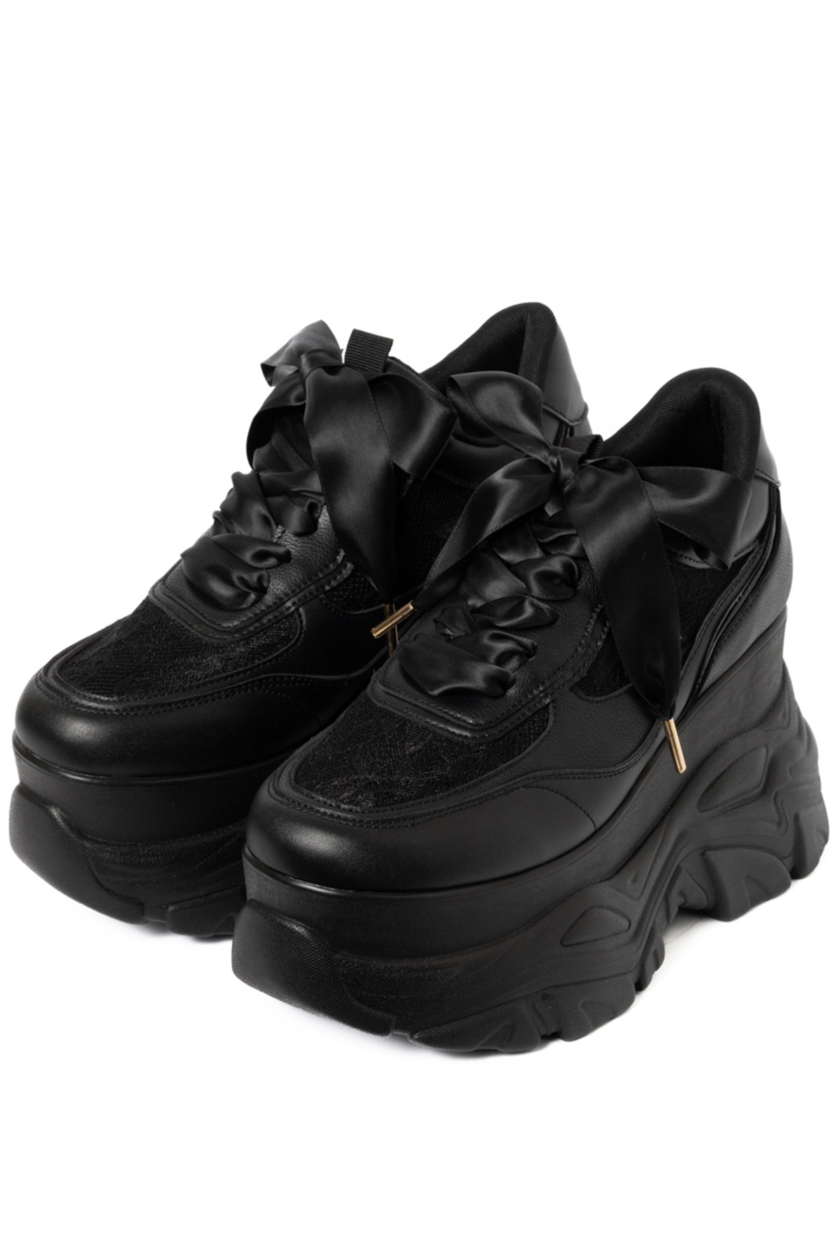 R&E ＜2way＞厚底ラバーソールチュールアッパースニーカー(ブラック-S)