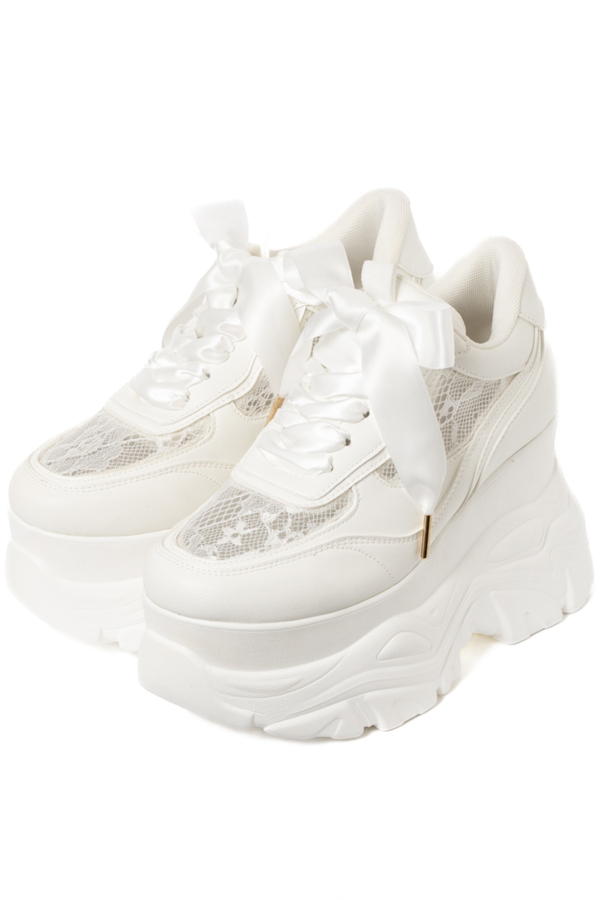 R&E ＜2way＞厚底ラバーソールチュールアッパースニーカー(ホワイト-S)