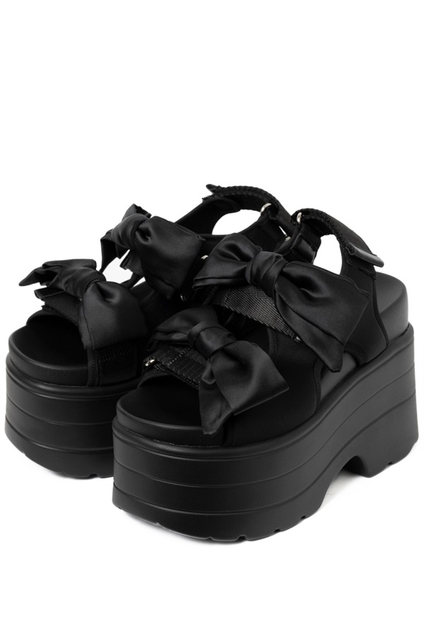 R&E ＜2way仕様＞W/BIGリボンベルクロストラップ厚底サンダル(ブラック-S)