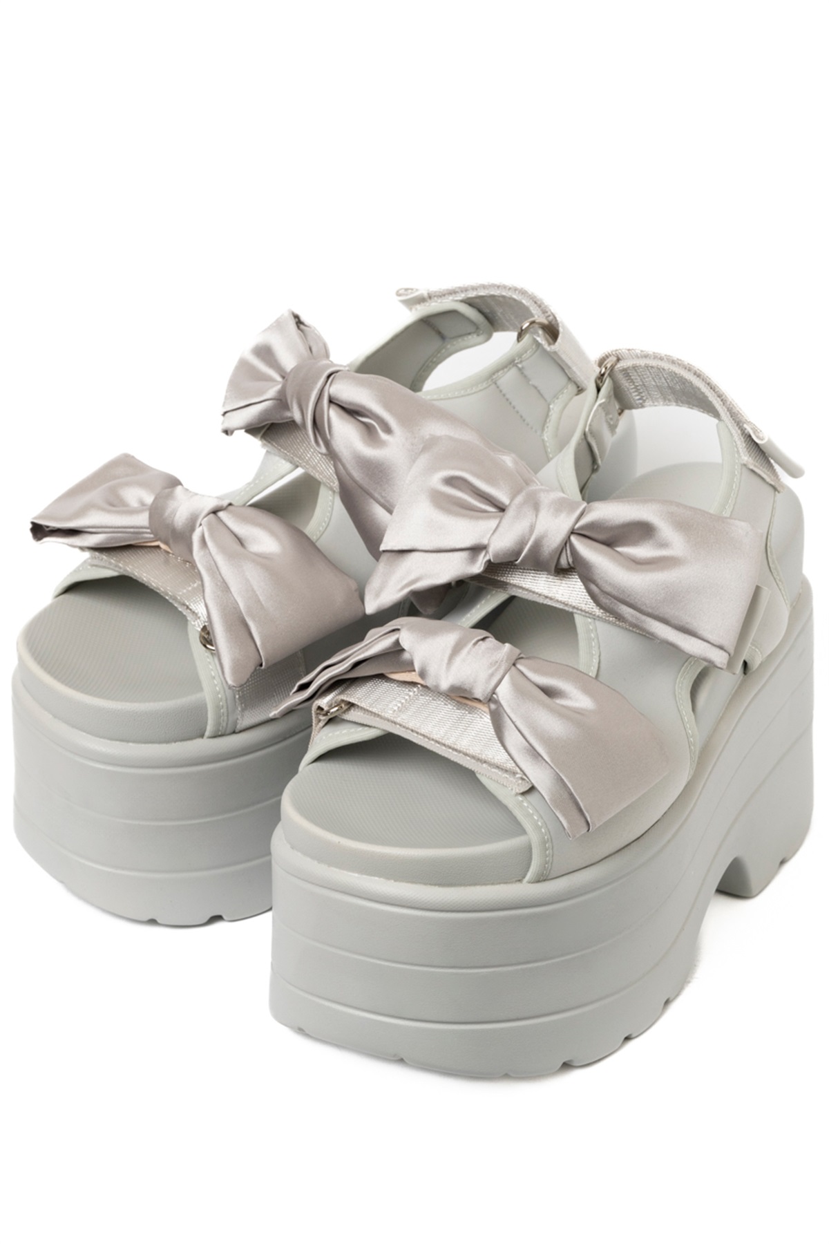 R&E ＜2way仕様＞W/BIGリボンベルクロストラップ厚底サンダル(アイスグレー-S)