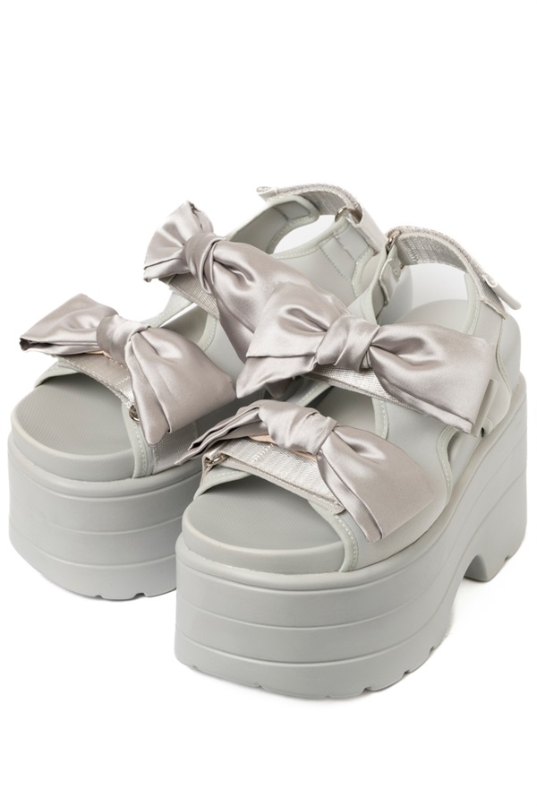 R&E ＜2way仕様＞W/BIGリボンベルクロストラップ厚底サンダル(アイスグレー-S)