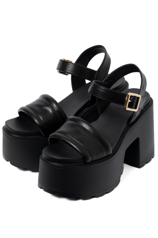 R&E パイピングステッチストラップ厚底モールドソールサンダル(ブラック-S)