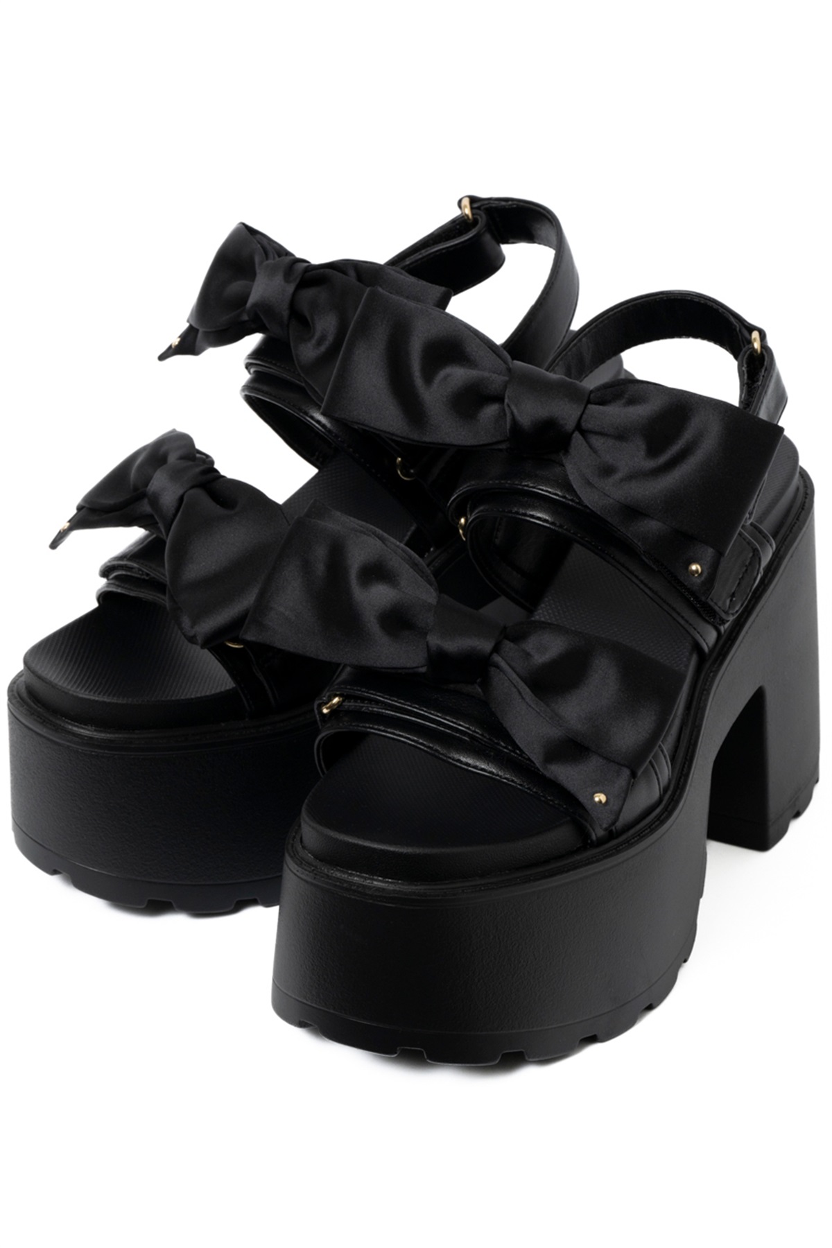 R&E ＜2way仕様＞W/BIGリボンベルト厚底モールドソールサンダル(ブラック-S)