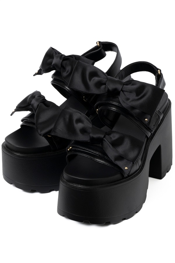 R&E ＜2way仕様＞W/BIGリボンベルト厚底モールドソールサンダル(ブラック-S)