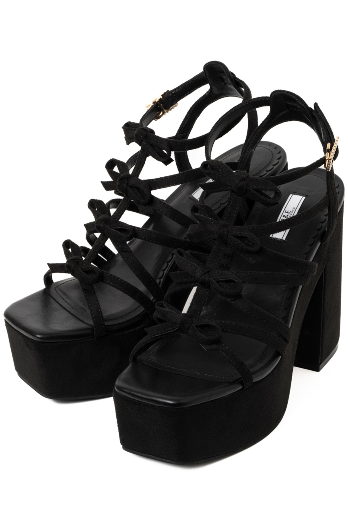 R&E リボンストラップチャンキーヒールサンダル(ブラックスエード-S)