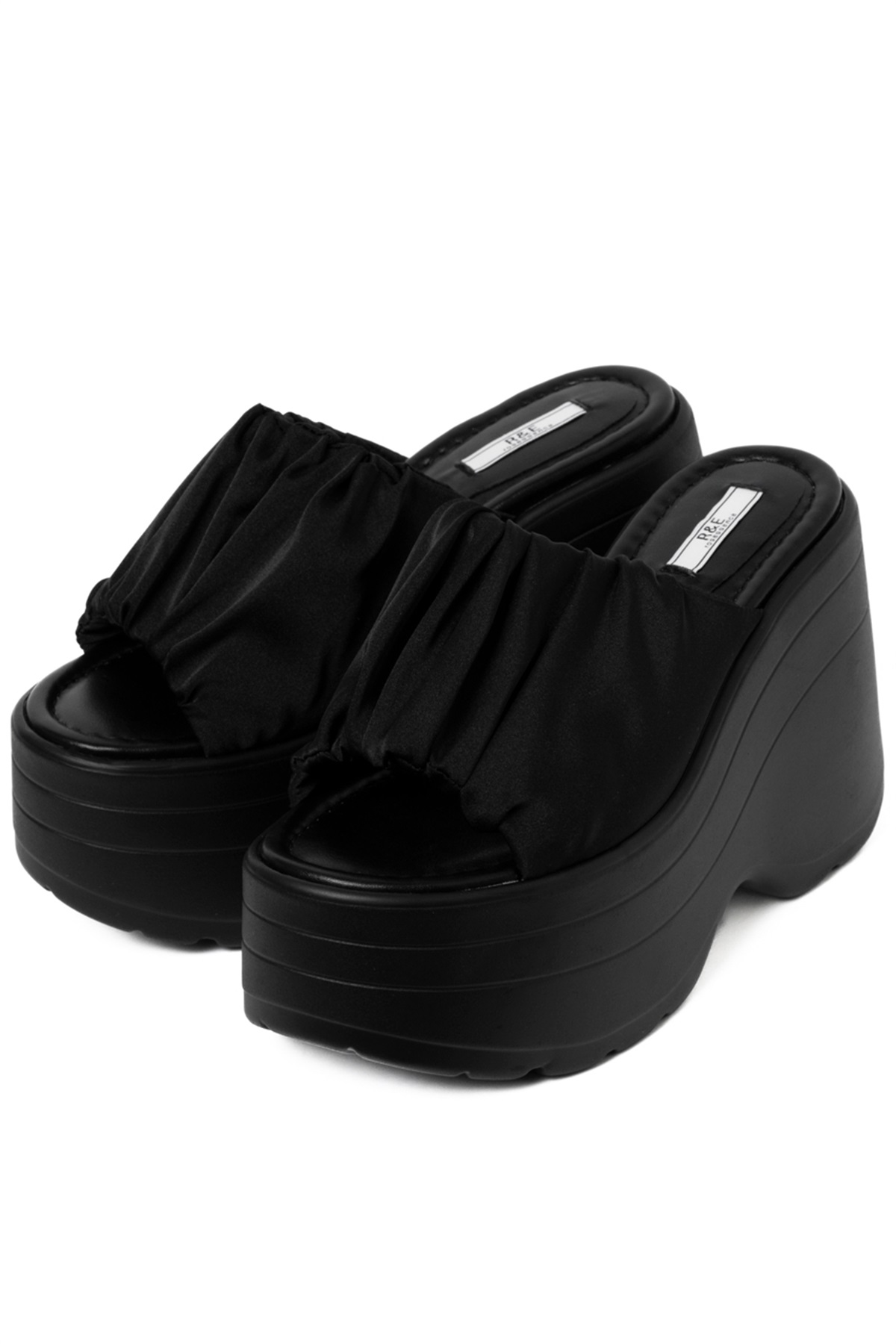 R&E ドレープワイドカバー厚底モールドソールサンダル(ブラック-S)